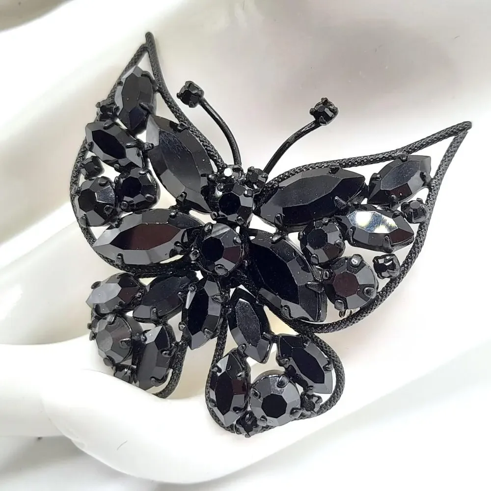 Vintage Butterfly Brooch, Japanned Black Enamel, Made in Austria, 1950s